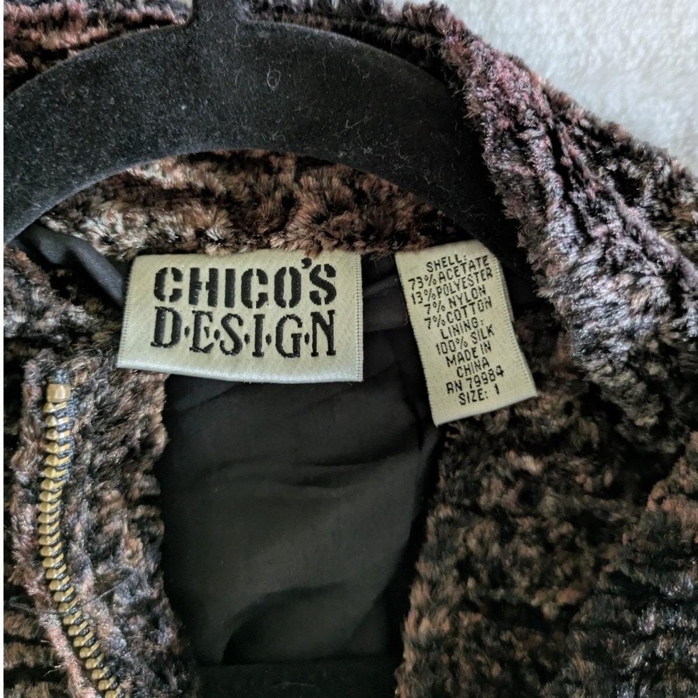 Chico's Design Jacket Women 1 Brown Faux Fur Silk Lined Zip Mock Neck Vintage